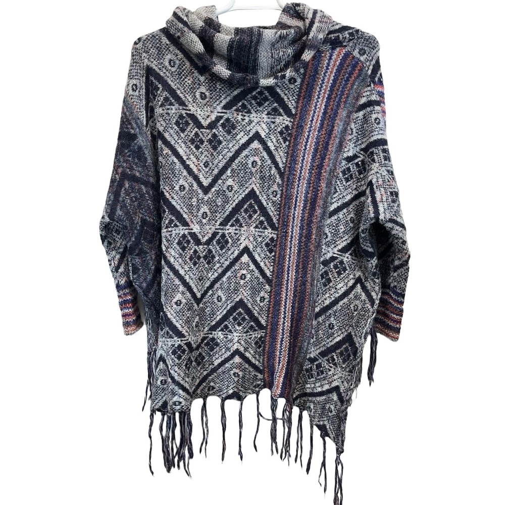 Free People Womens Be The One Wool Fringe Aztec Cowl Neck Sweater Poncho XS - Picture 3 of 8